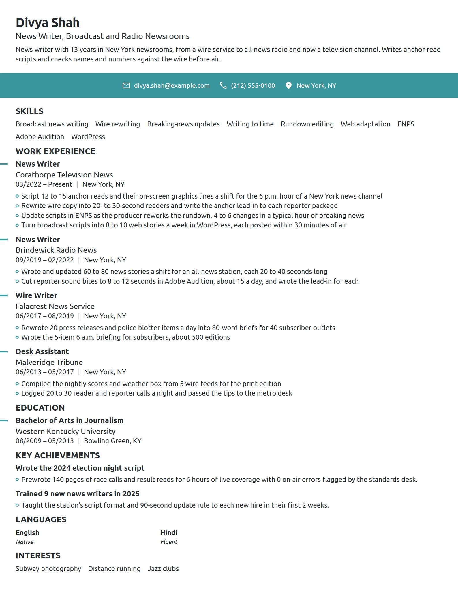 News Writer resume example