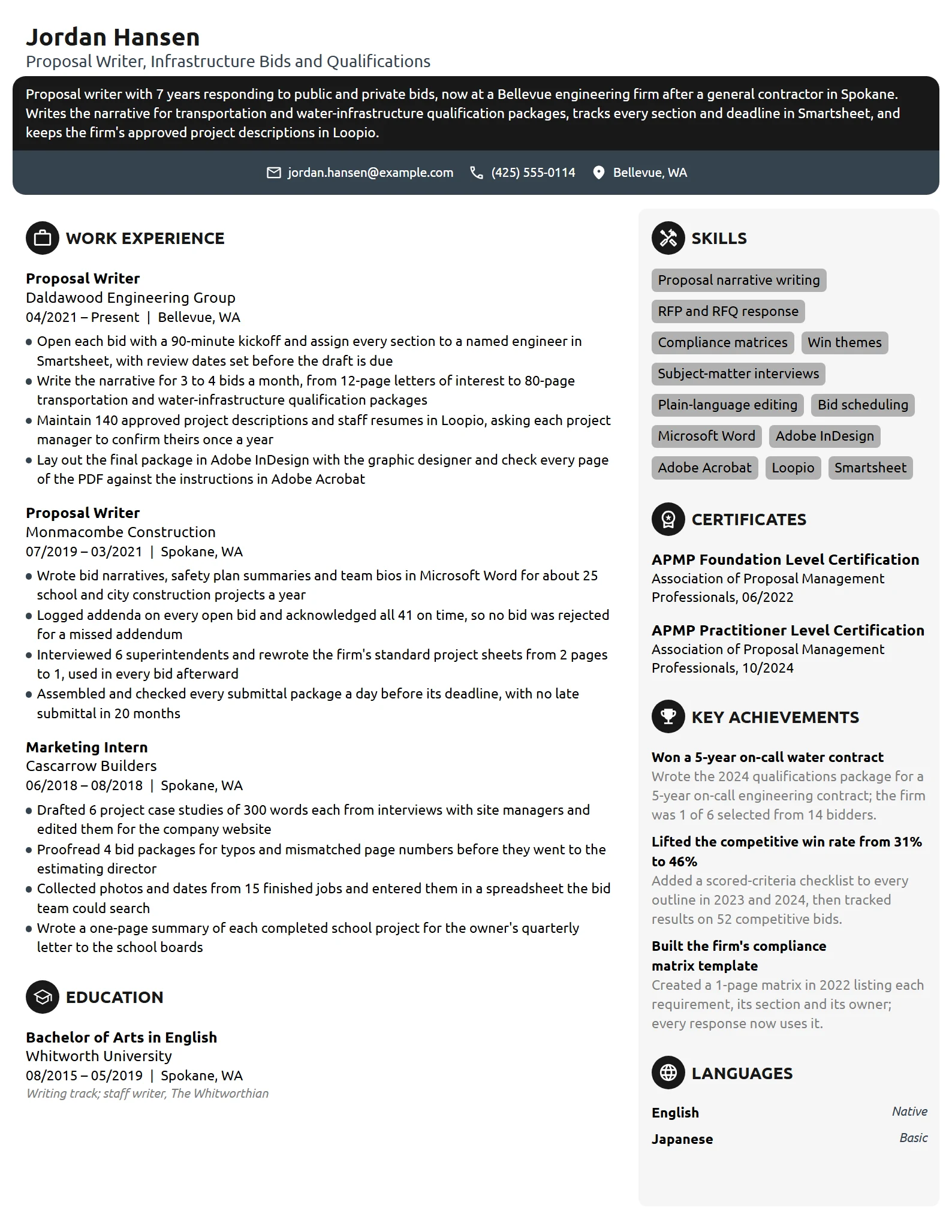Proposal Writer resume example