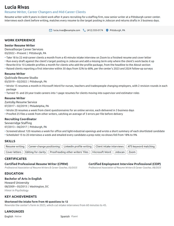 Resume Writer resume example