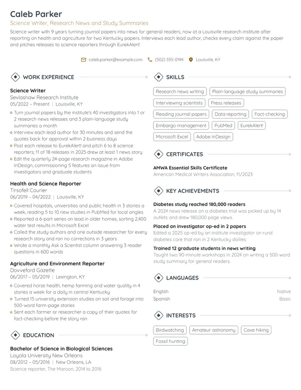 Science Writer resume example