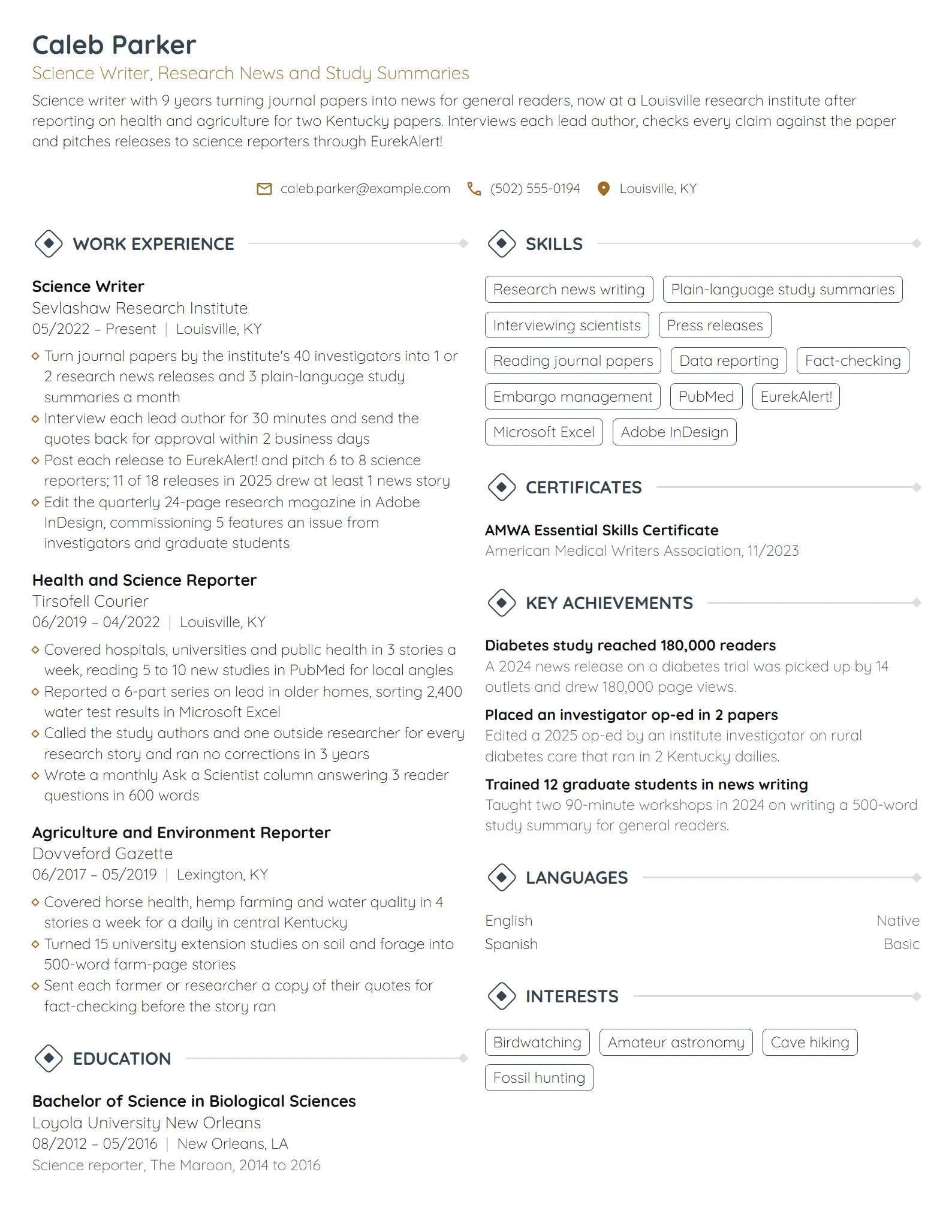 Science Writer resume example
