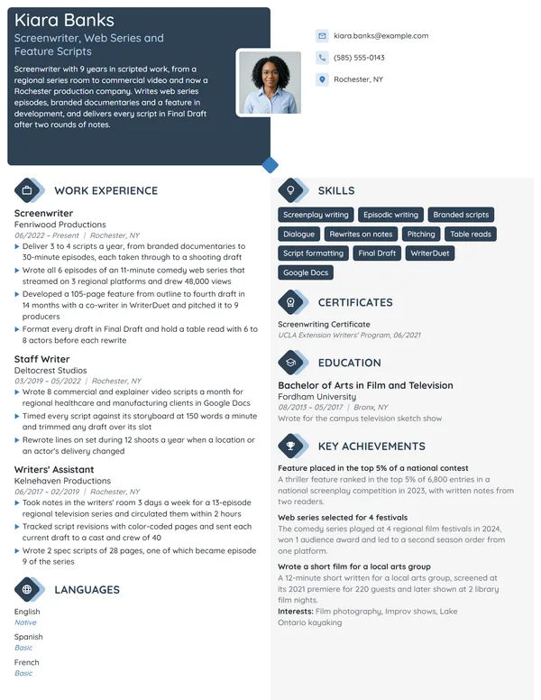 Screenwriter resume example