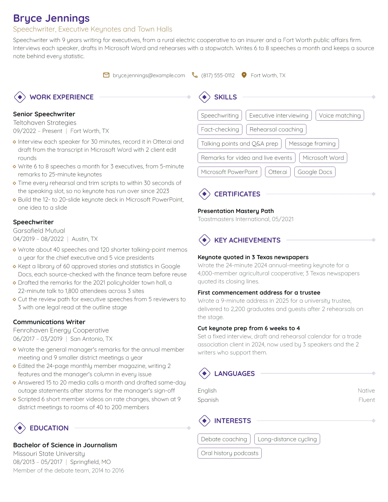 Speechwriter resume example