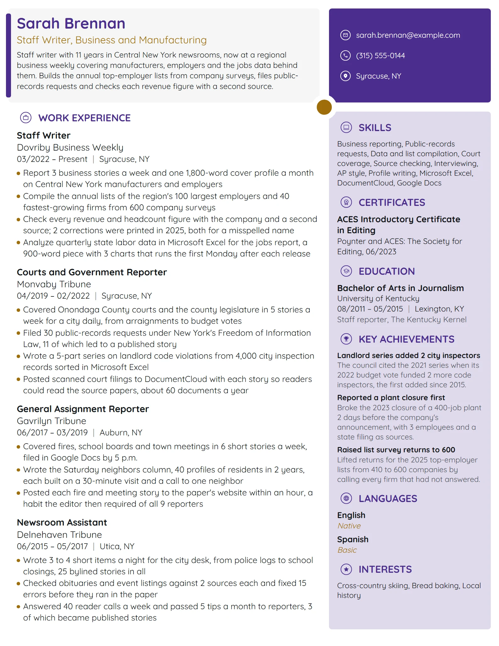 Staff Writer resume example