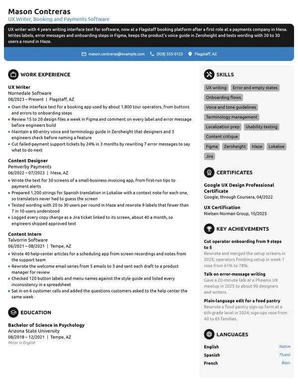 UX Writer resume example