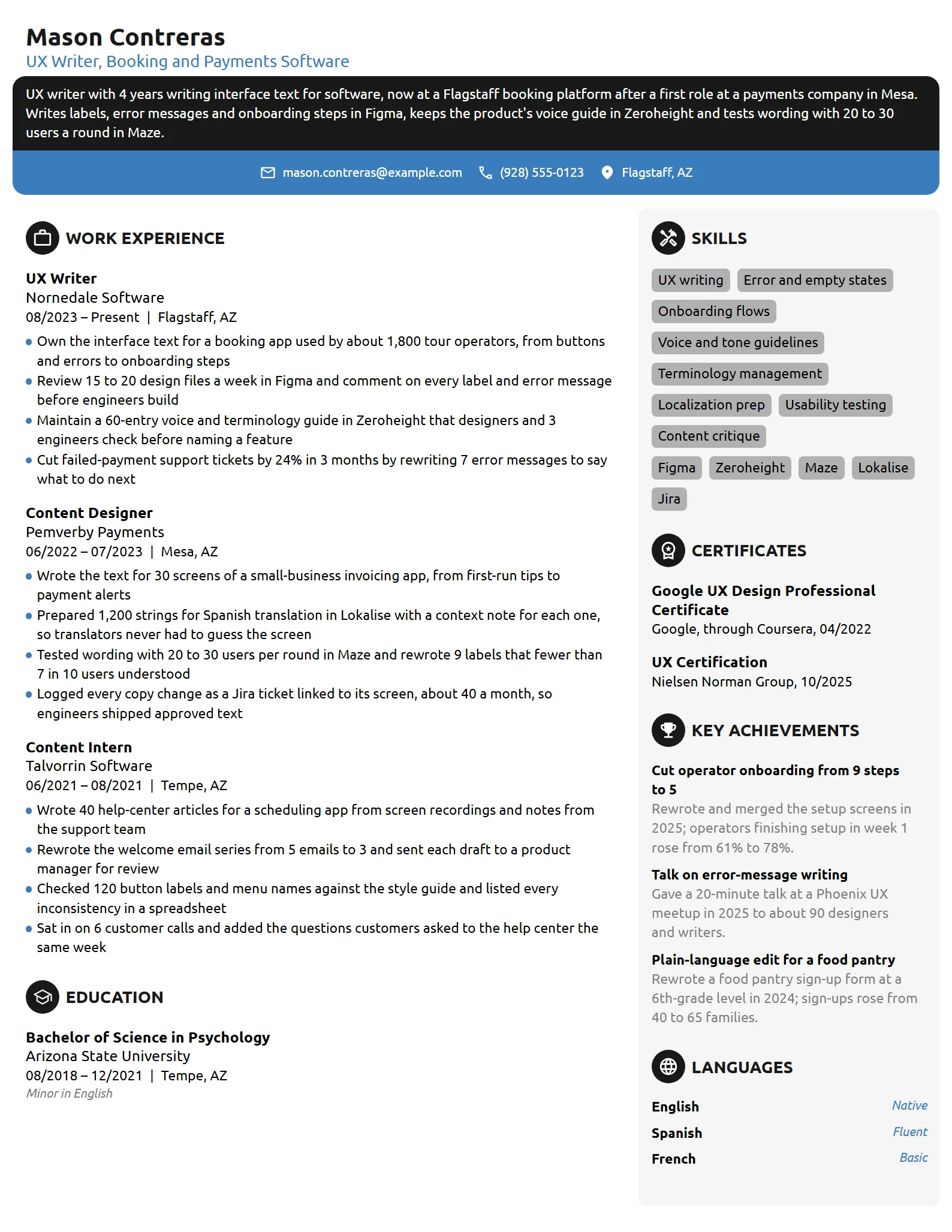 UX Writer resume example