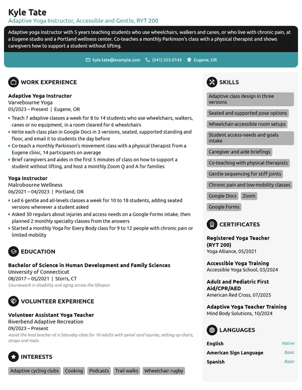Adaptive Yoga Instructor resume example
