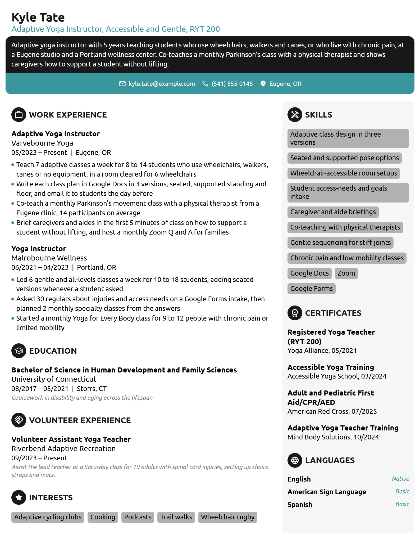 Adaptive Yoga Instructor resume example