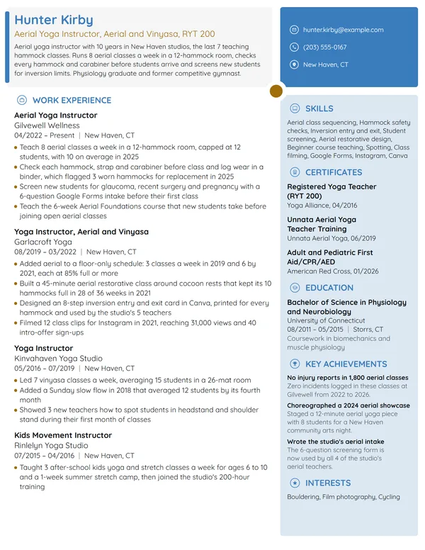 Aerial Yoga Instructor resume example