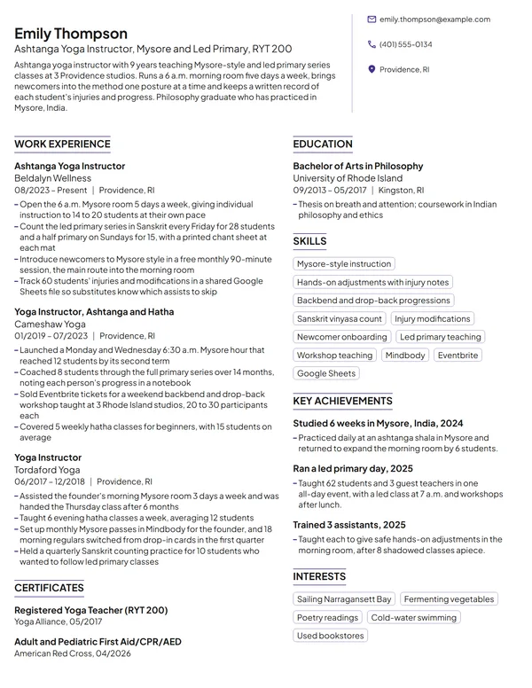 Ashtanga Yoga Instructor resume example