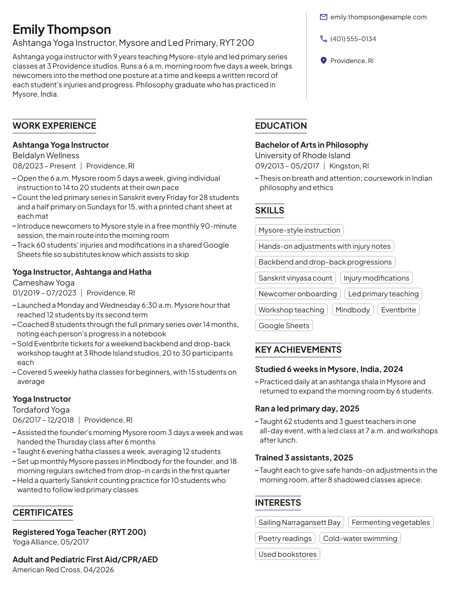 Ashtanga Yoga Instructor resume example