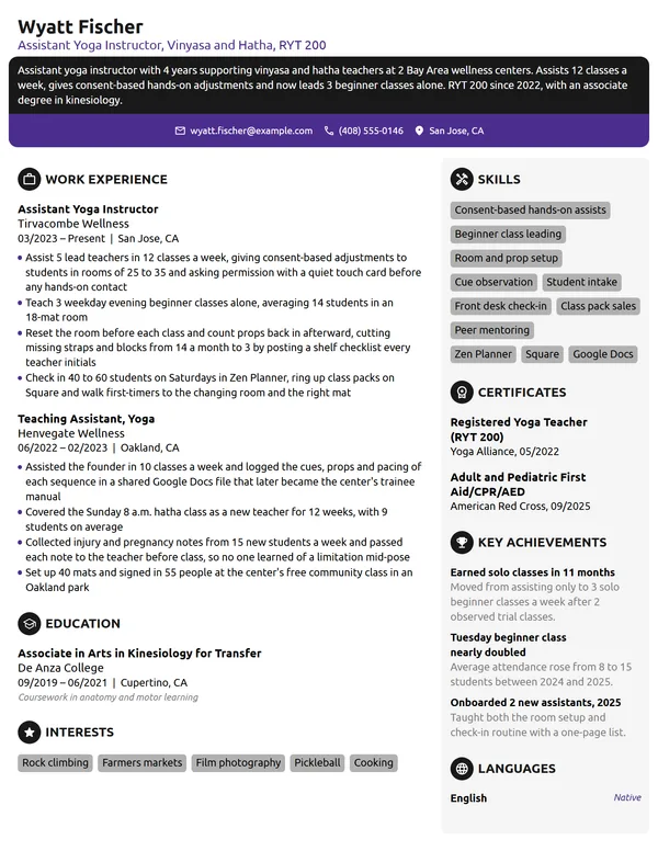 Assistant Yoga Instructor resume example