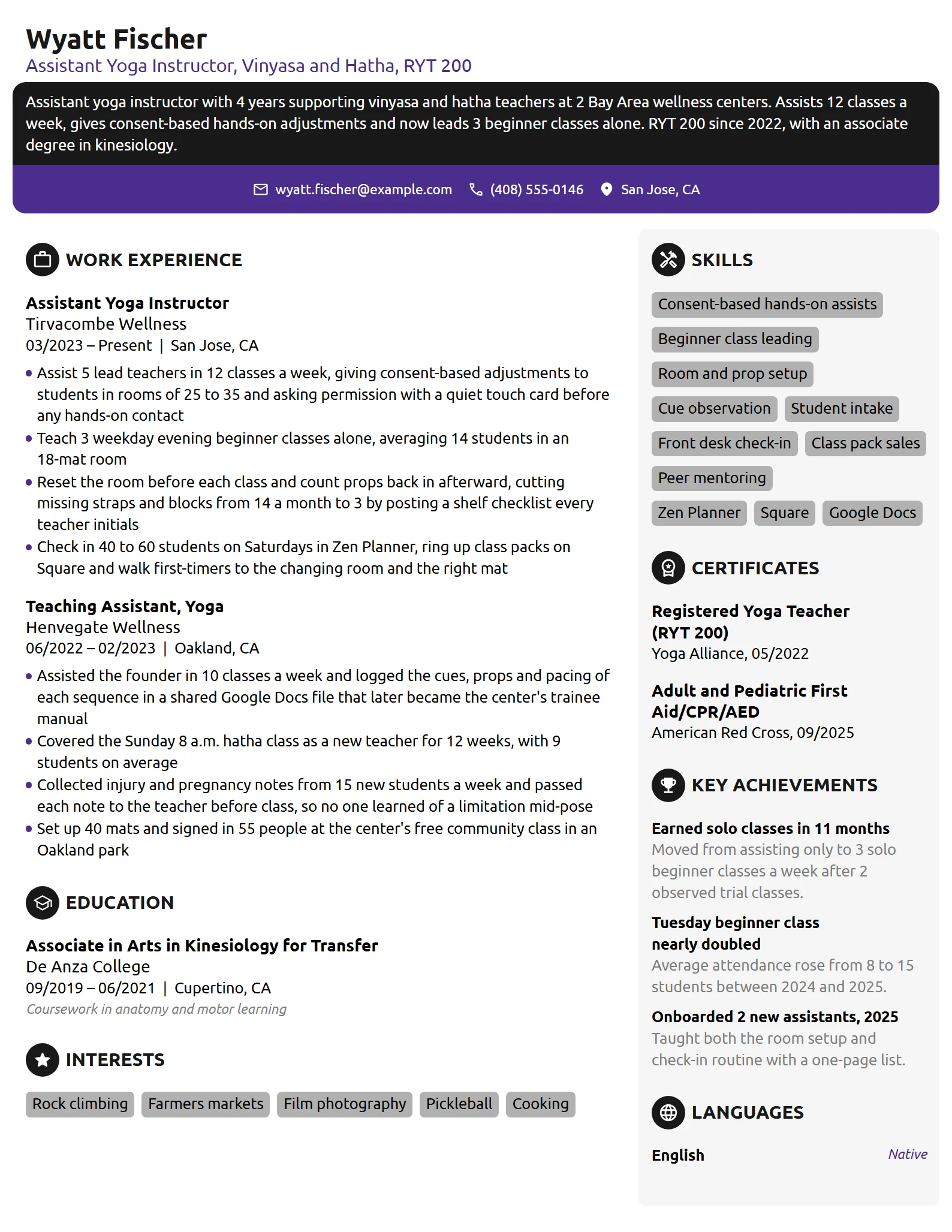 Assistant Yoga Instructor resume example