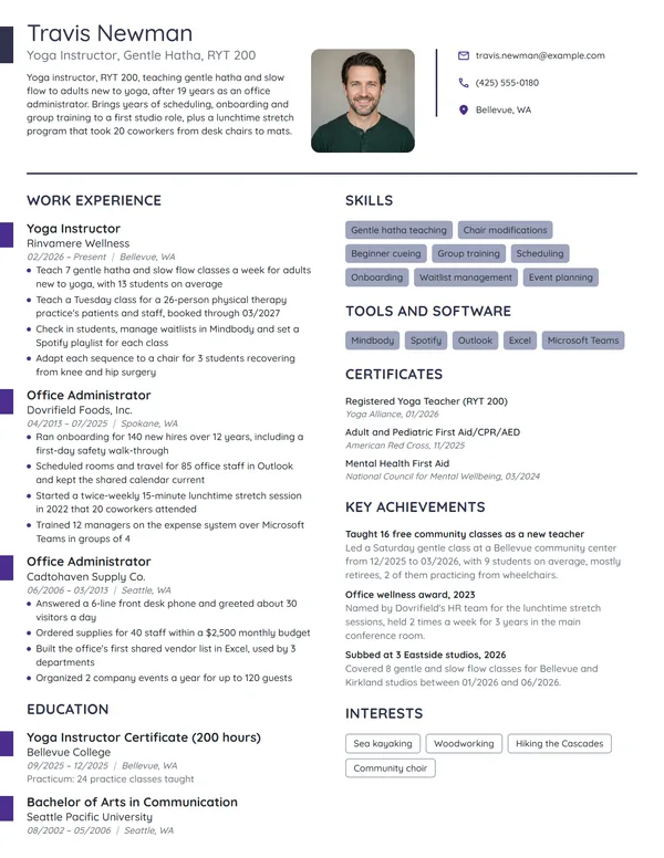 Career Change Yoga Instructor resume example