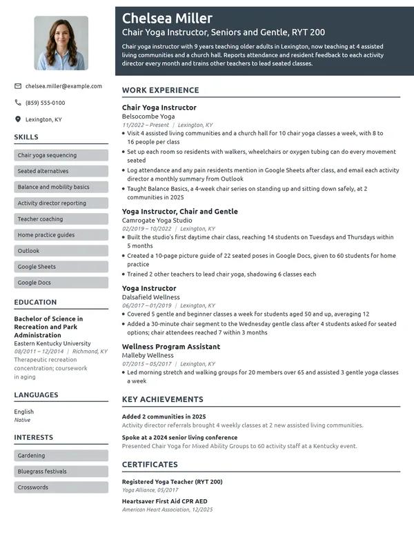Chair Yoga Instructor resume example