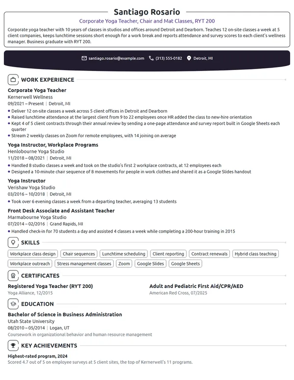 Corporate Yoga Teacher resume example