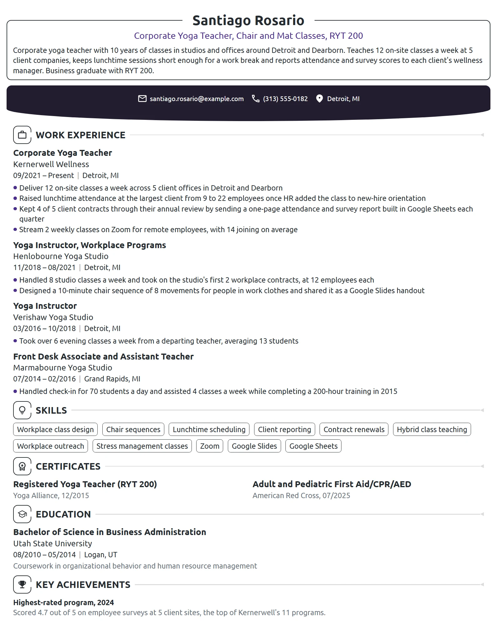 Corporate Yoga Teacher resume example