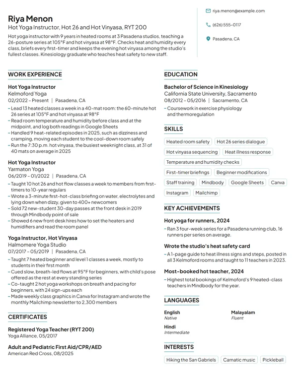 Hot Yoga Instructor resume example