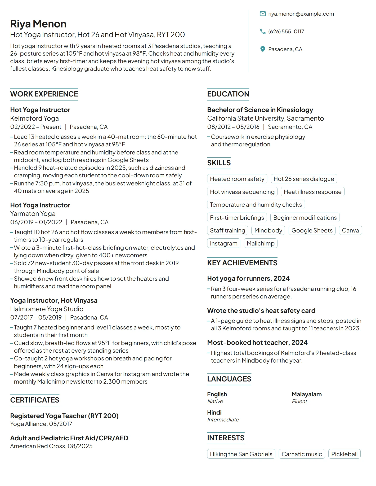 Hot Yoga Instructor resume example