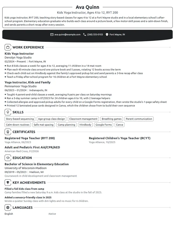 Kids Yoga Instructor resume example