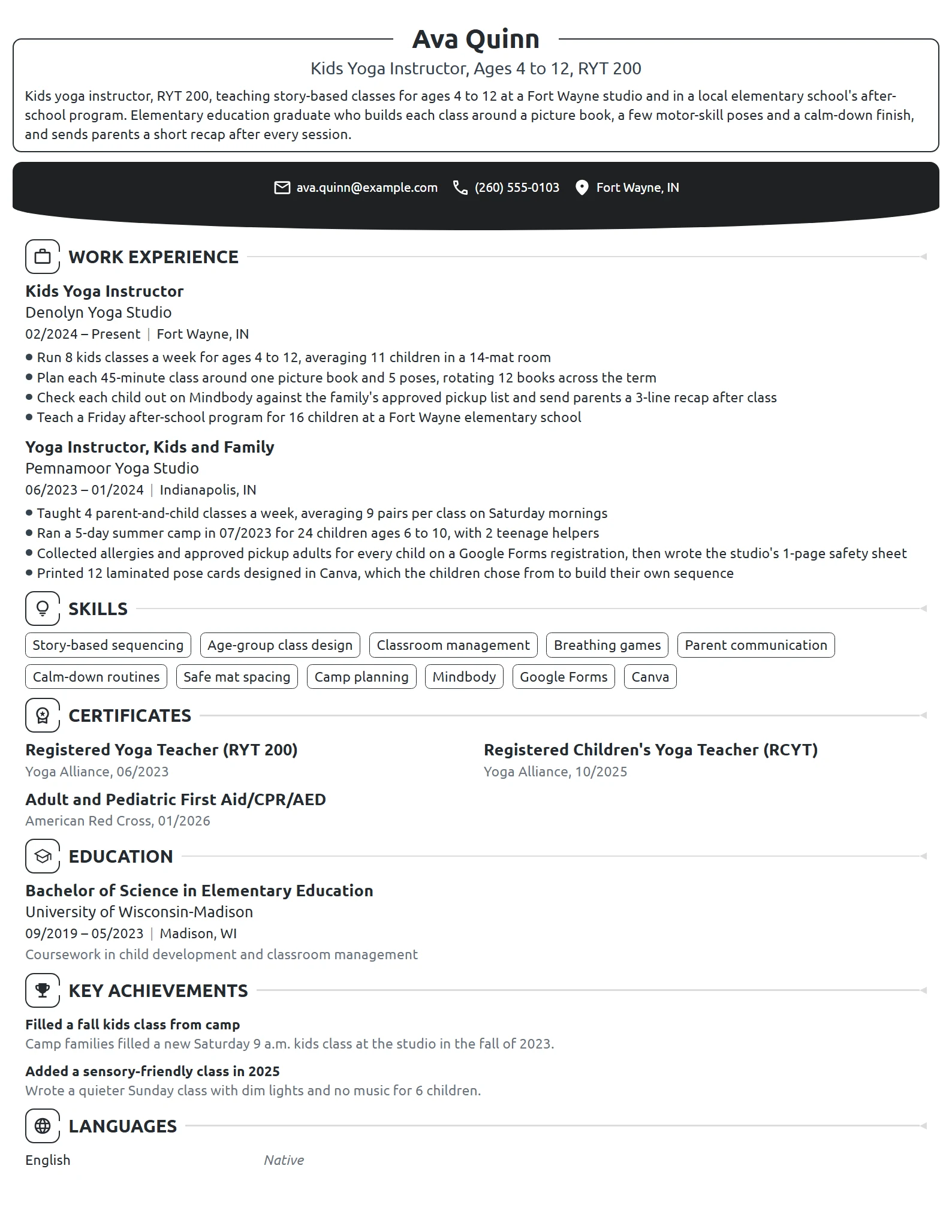 Kids Yoga Instructor resume example