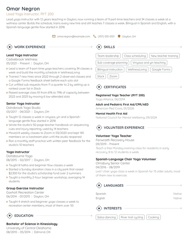 Lead Yoga Instructor resume example
