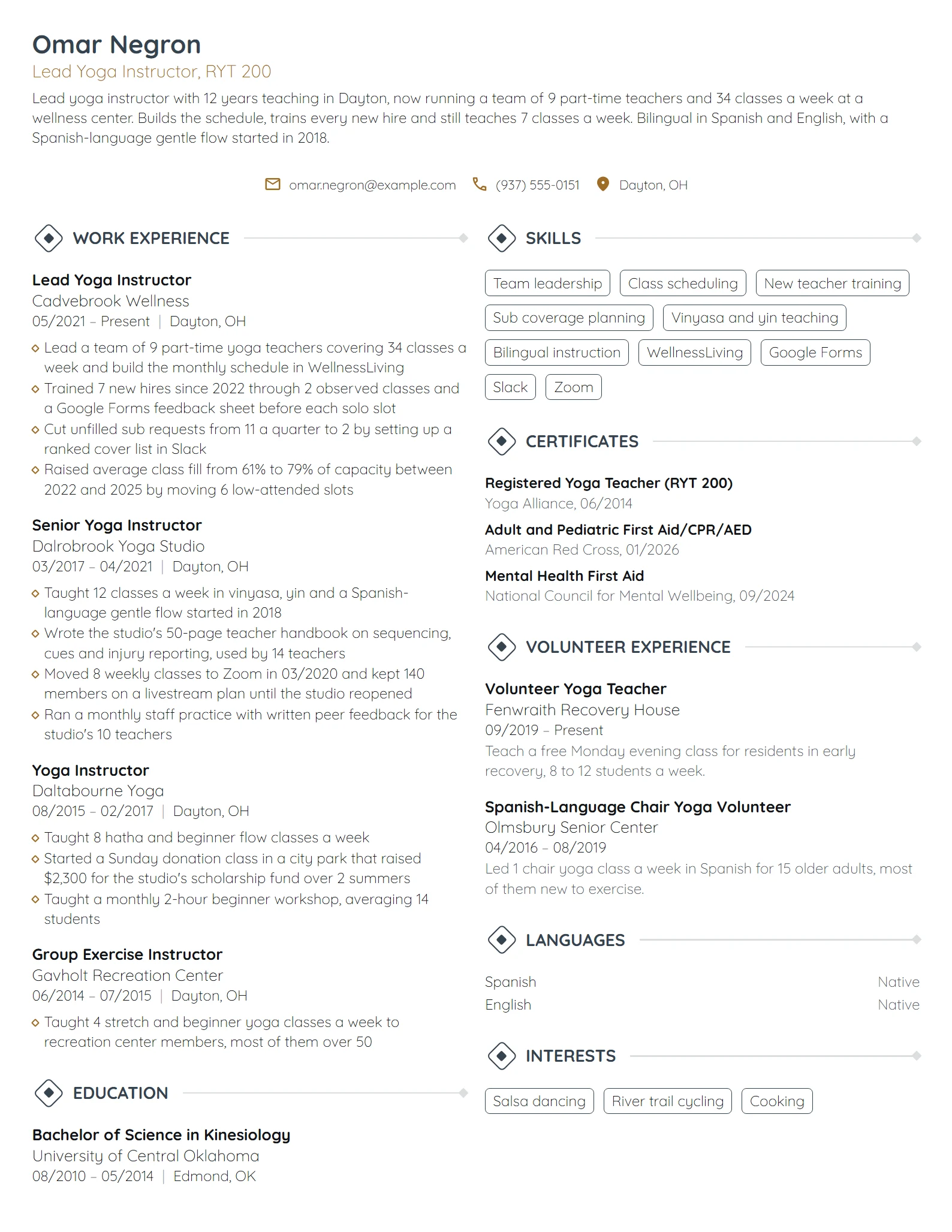 Lead Yoga Instructor resume example