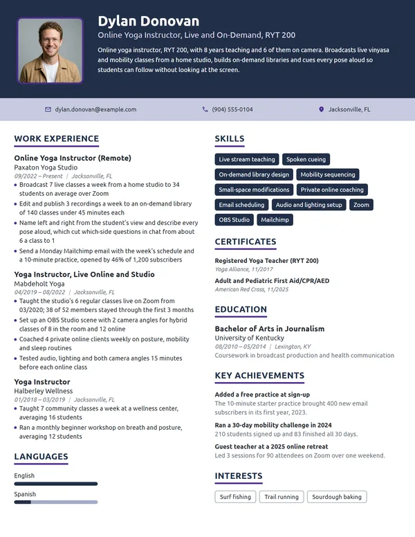 Online Yoga Instructor resume example