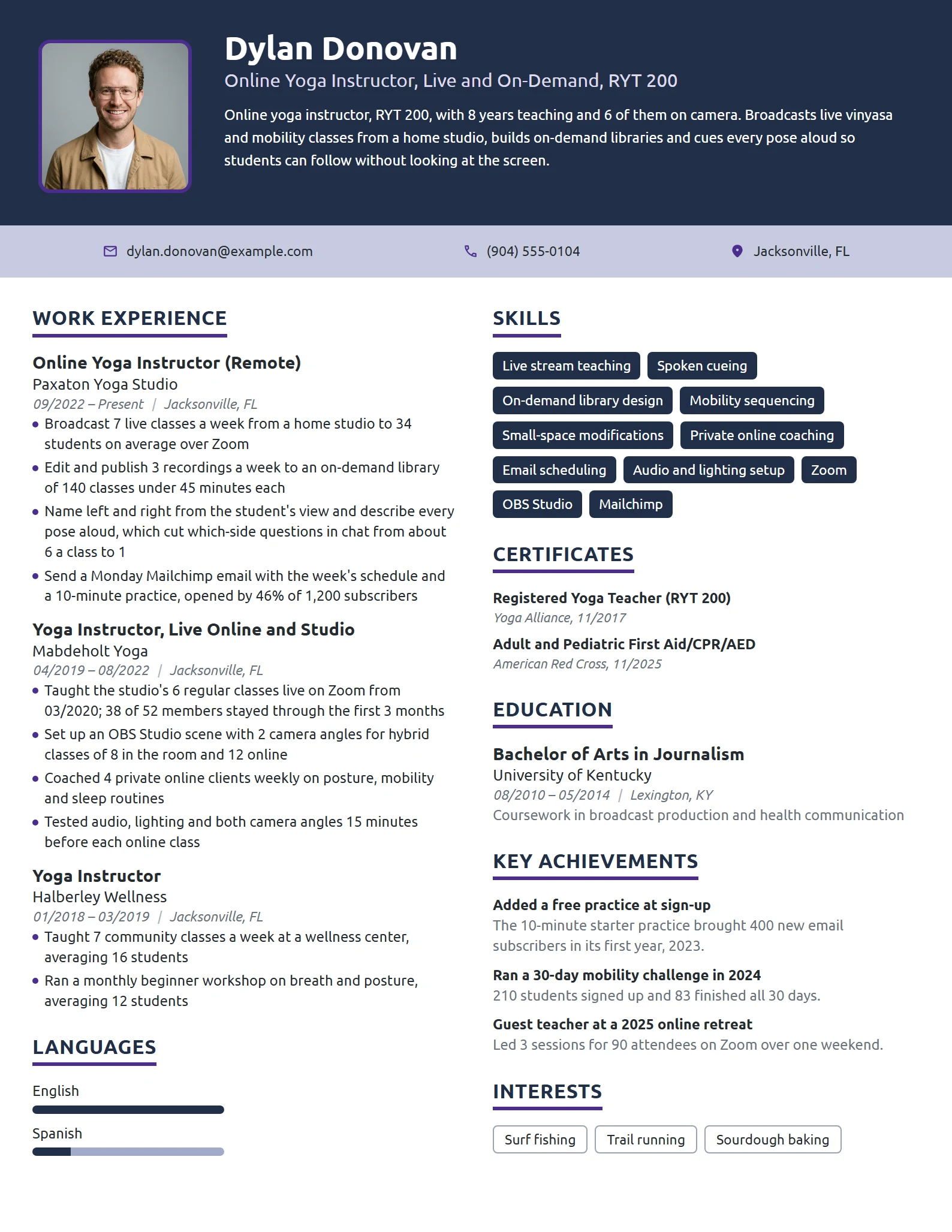 Online Yoga Instructor resume example