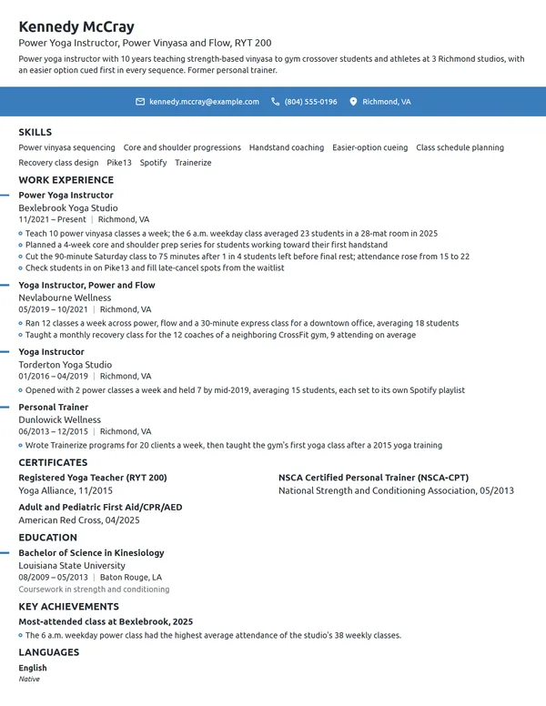 Power Yoga Instructor resume example