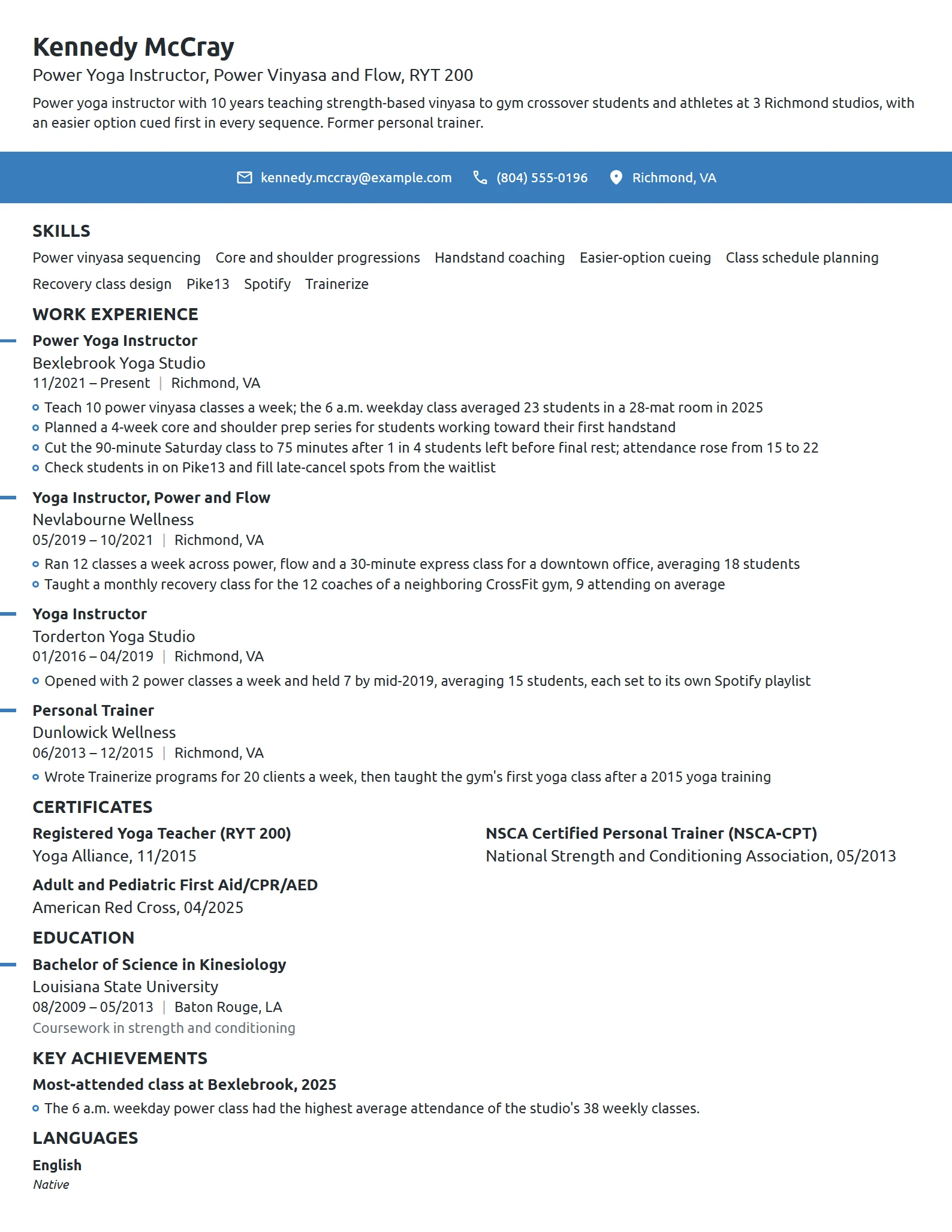 Power Yoga Instructor resume example