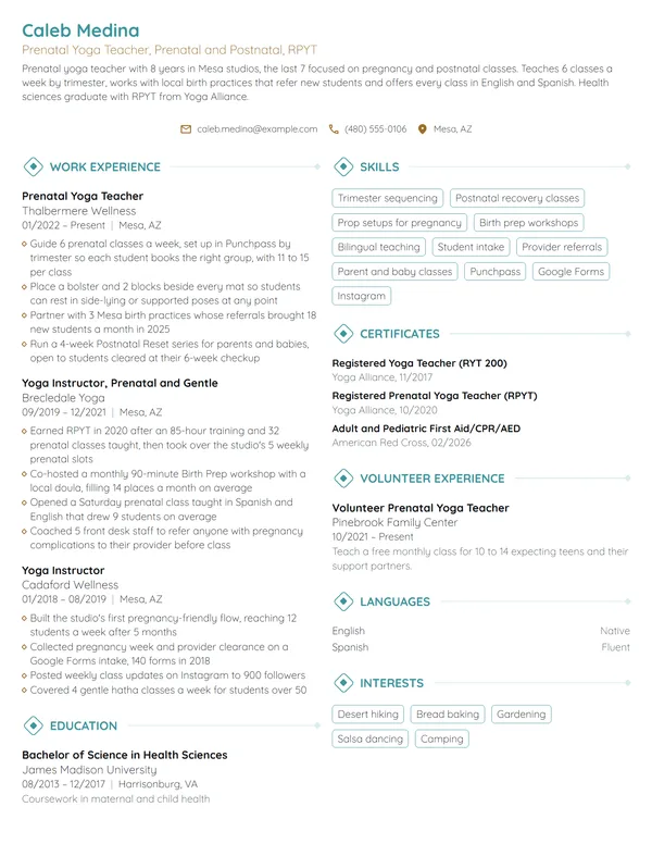 Prenatal Yoga Teacher resume example