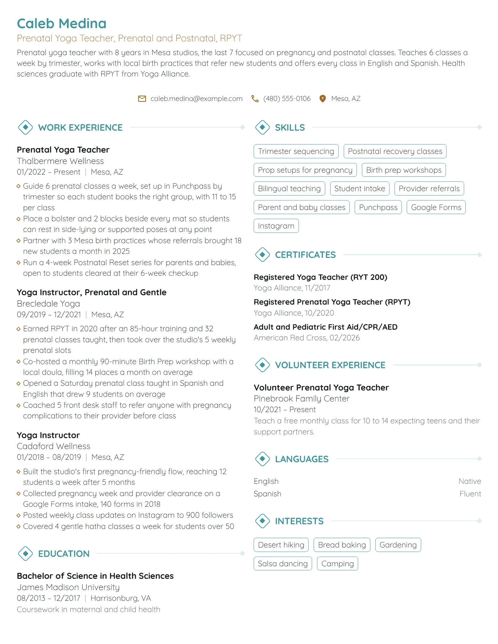 Prenatal Yoga Teacher resume example