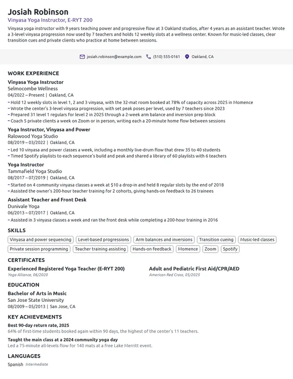 Vinyasa Yoga Instructor resume example