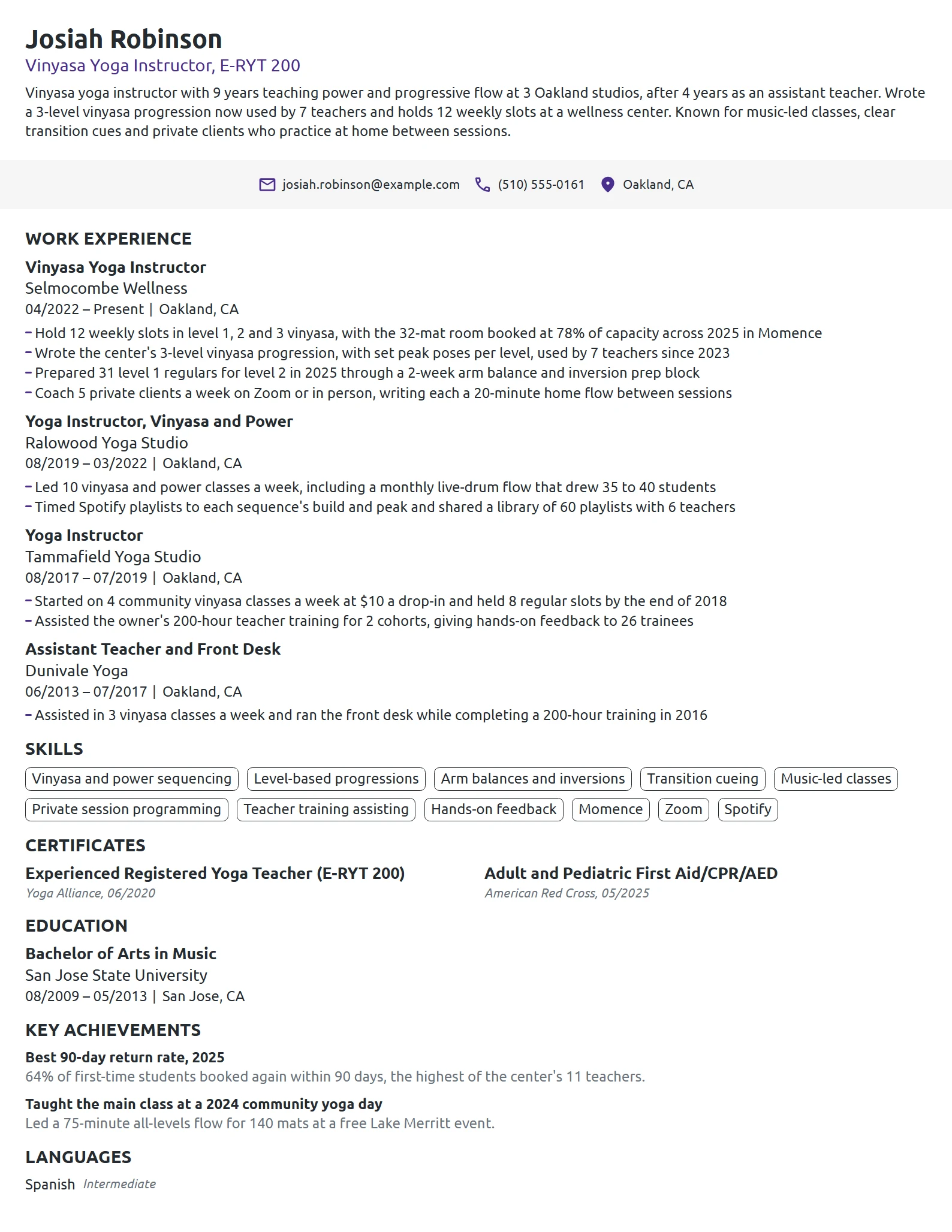 Vinyasa Yoga Instructor resume example