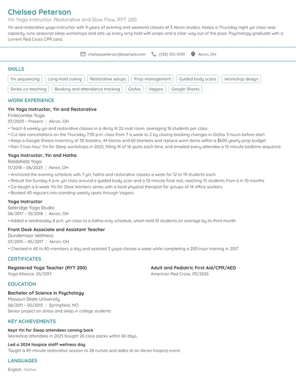 Yin Yoga Instructor resume example
