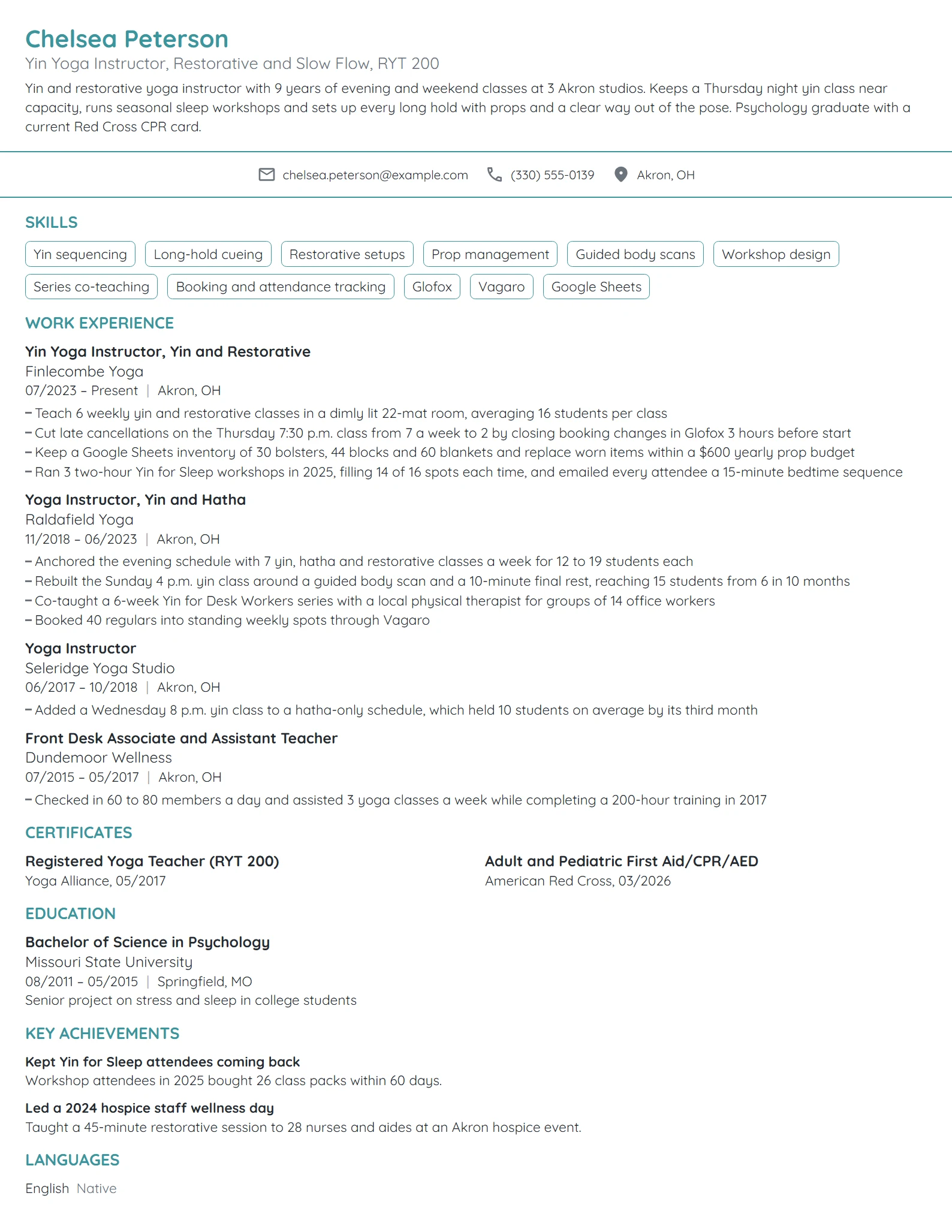 Yin Yoga Instructor resume example