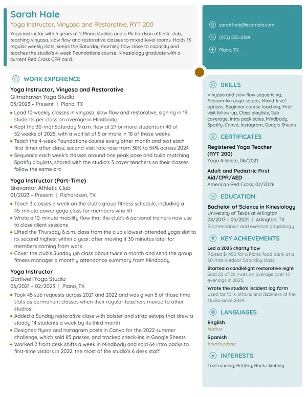 Yoga Instructor resume example
