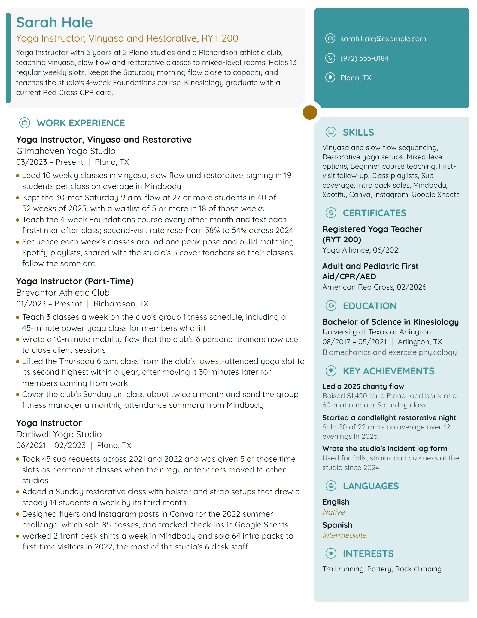 Yoga Instructor resume example