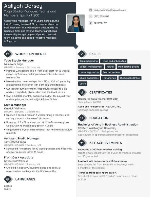 Yoga Studio Manager resume example