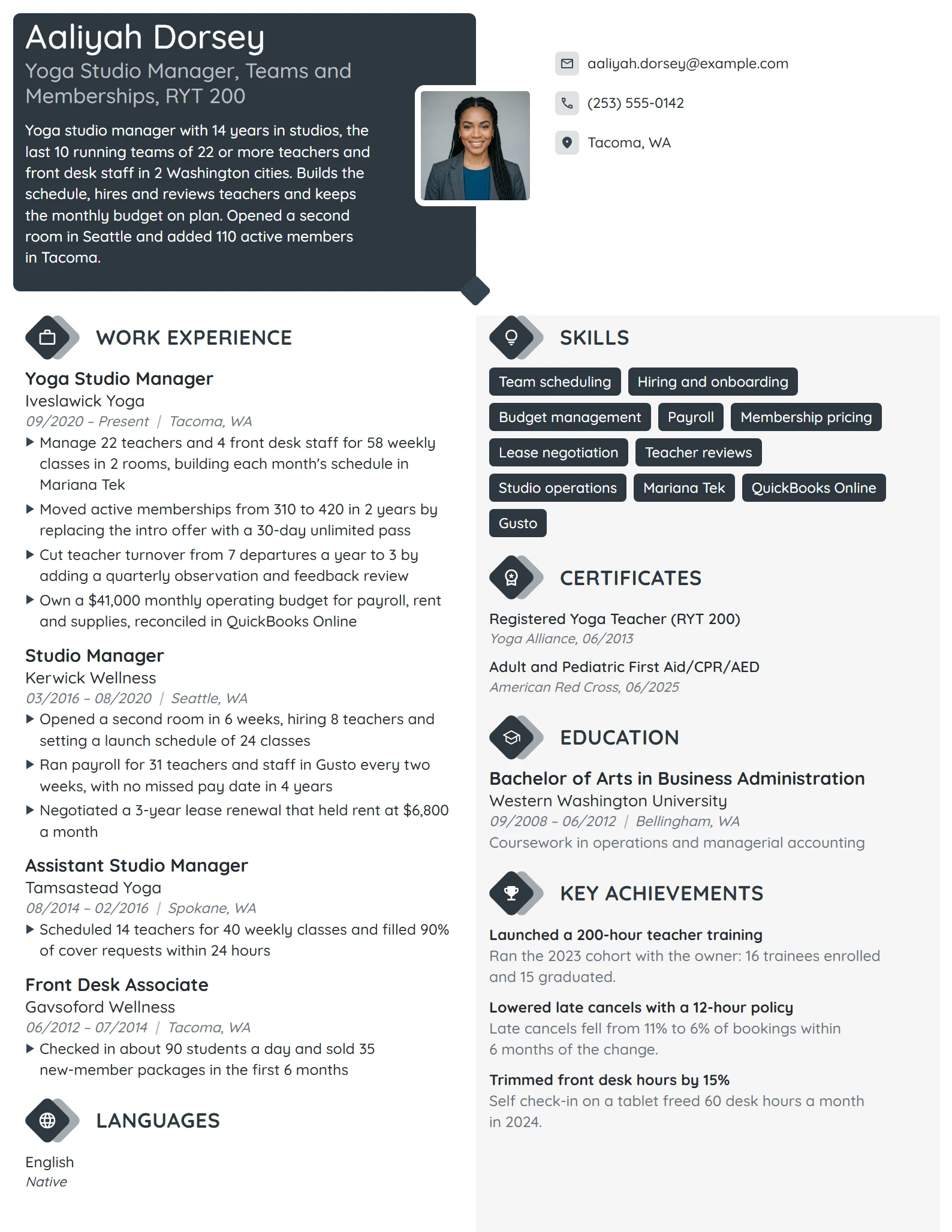 Yoga Studio Manager resume example