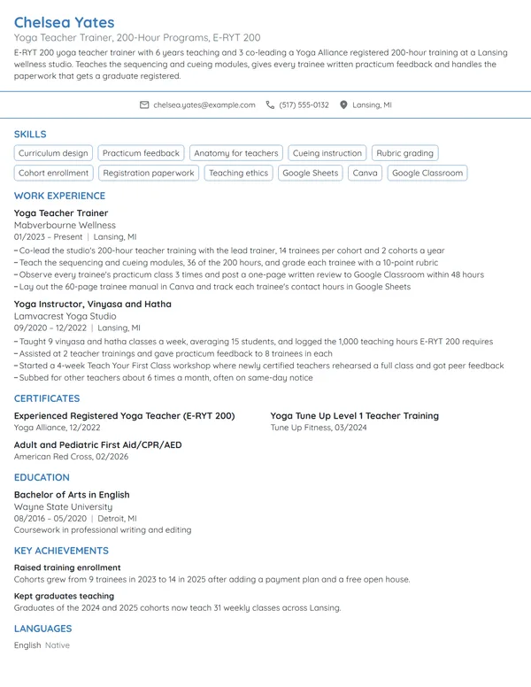 Yoga Teacher Trainer resume example