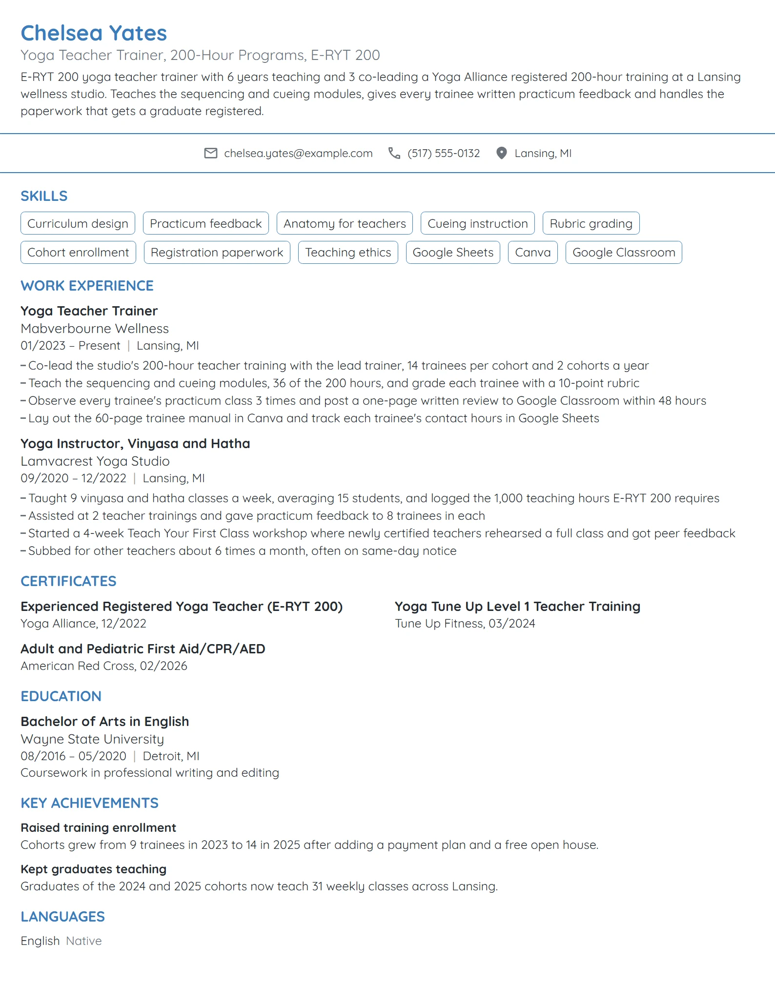 Yoga Teacher Trainer resume example