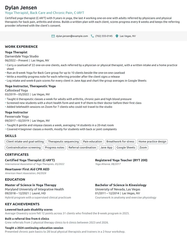 Yoga Therapist resume example