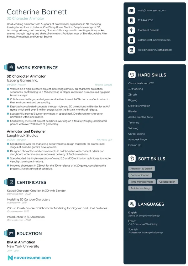 Animator resume example
