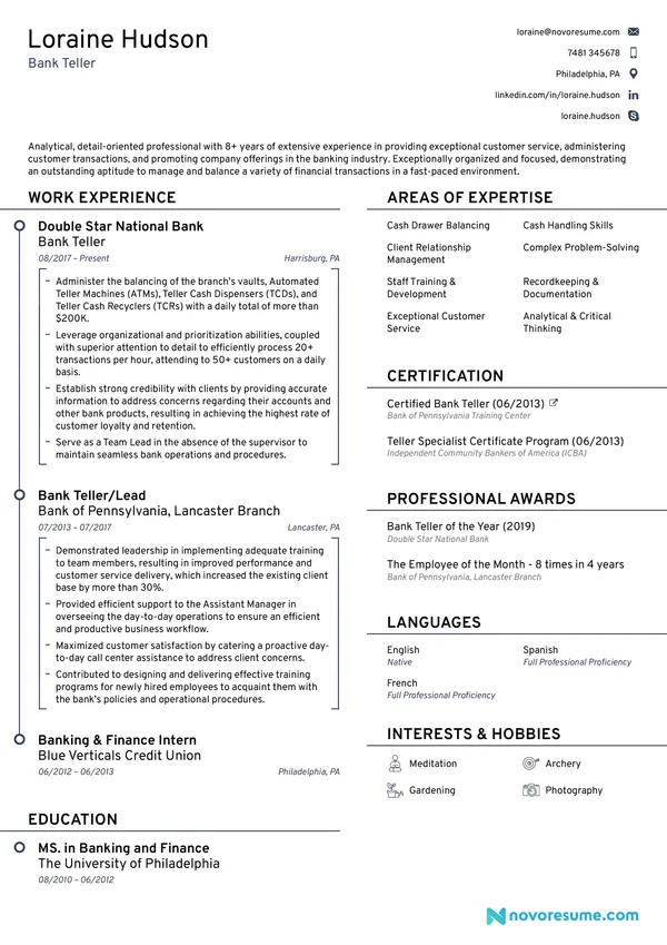 Bank Teller resume example
