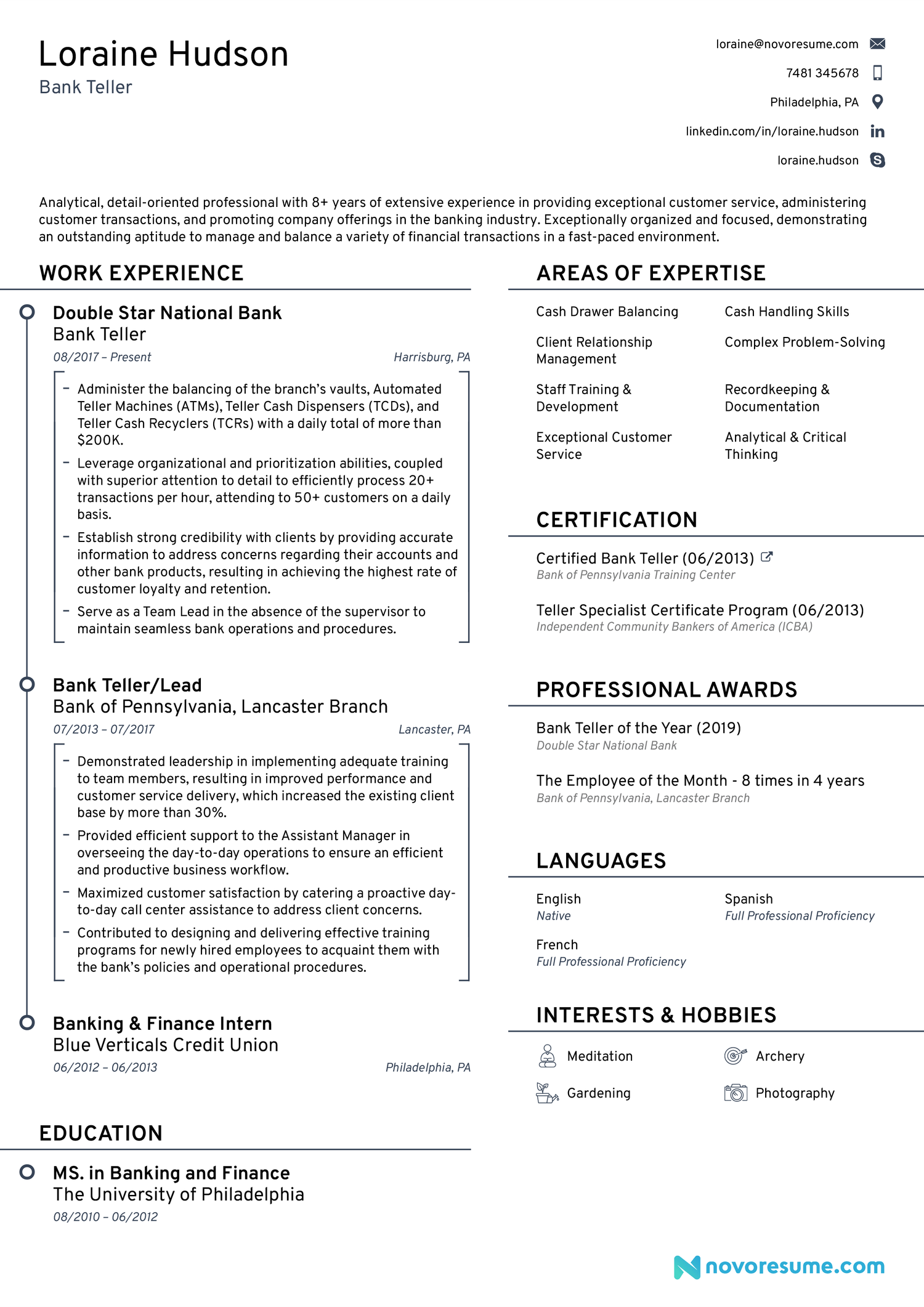 Bank Teller resume example