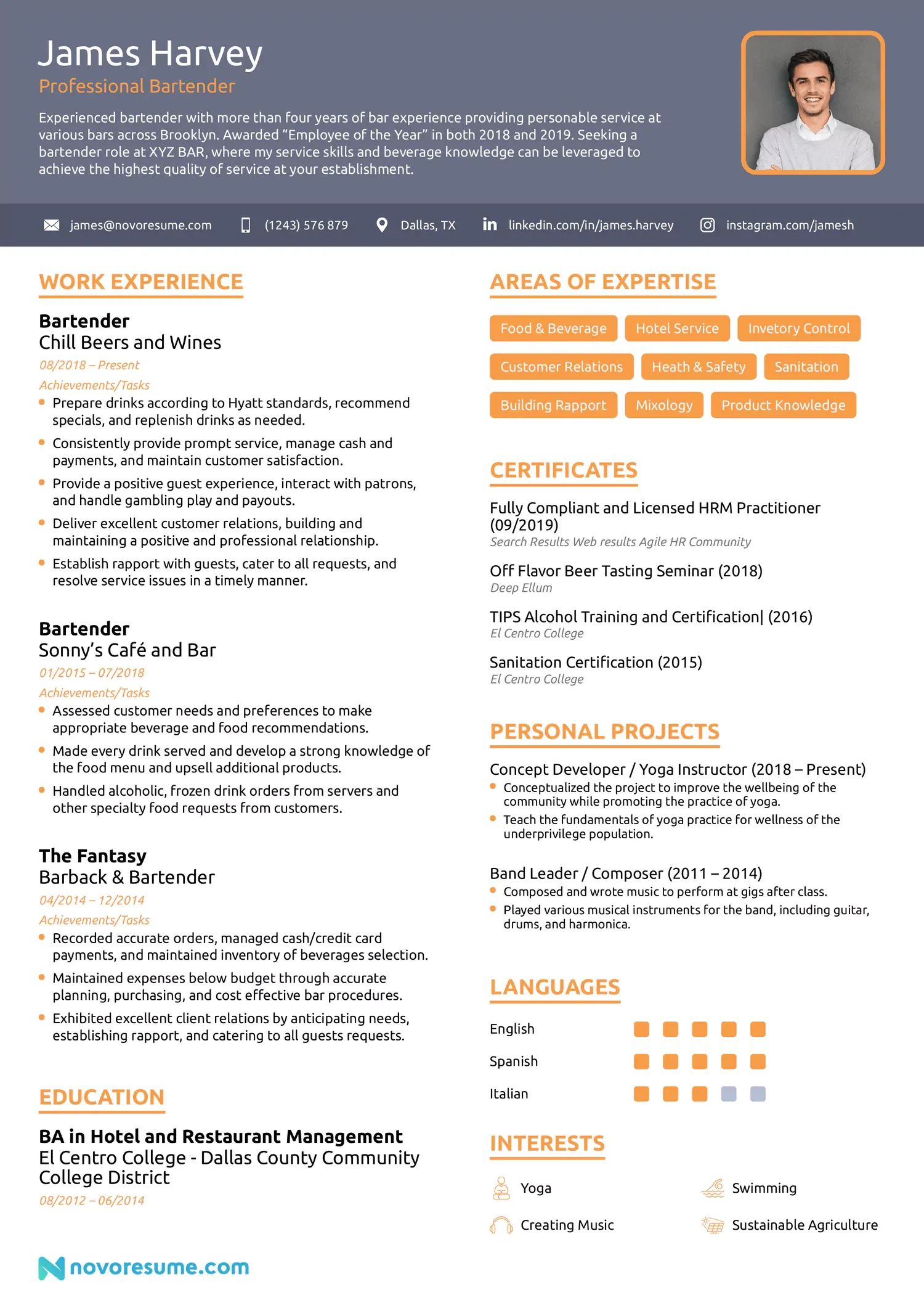 Bartender Resume with Photo resume example