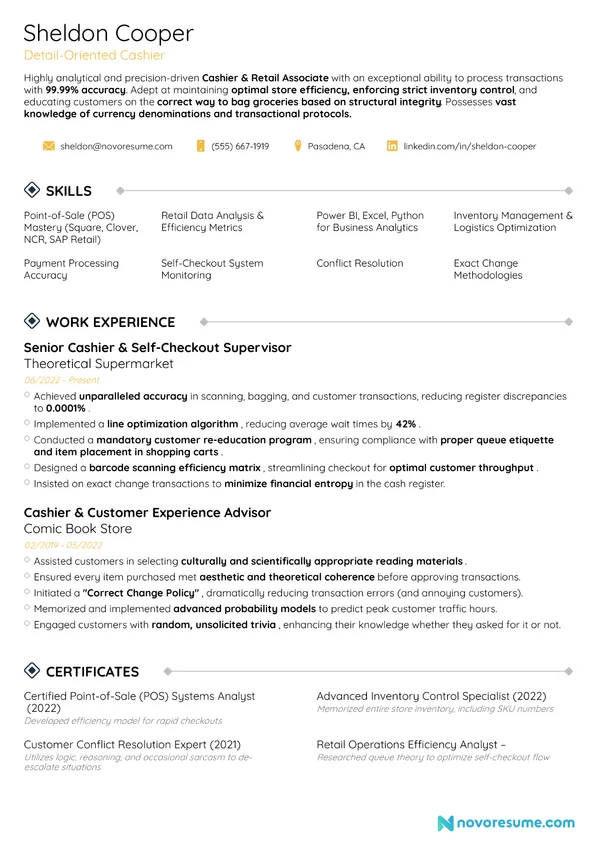 Cashier resume example