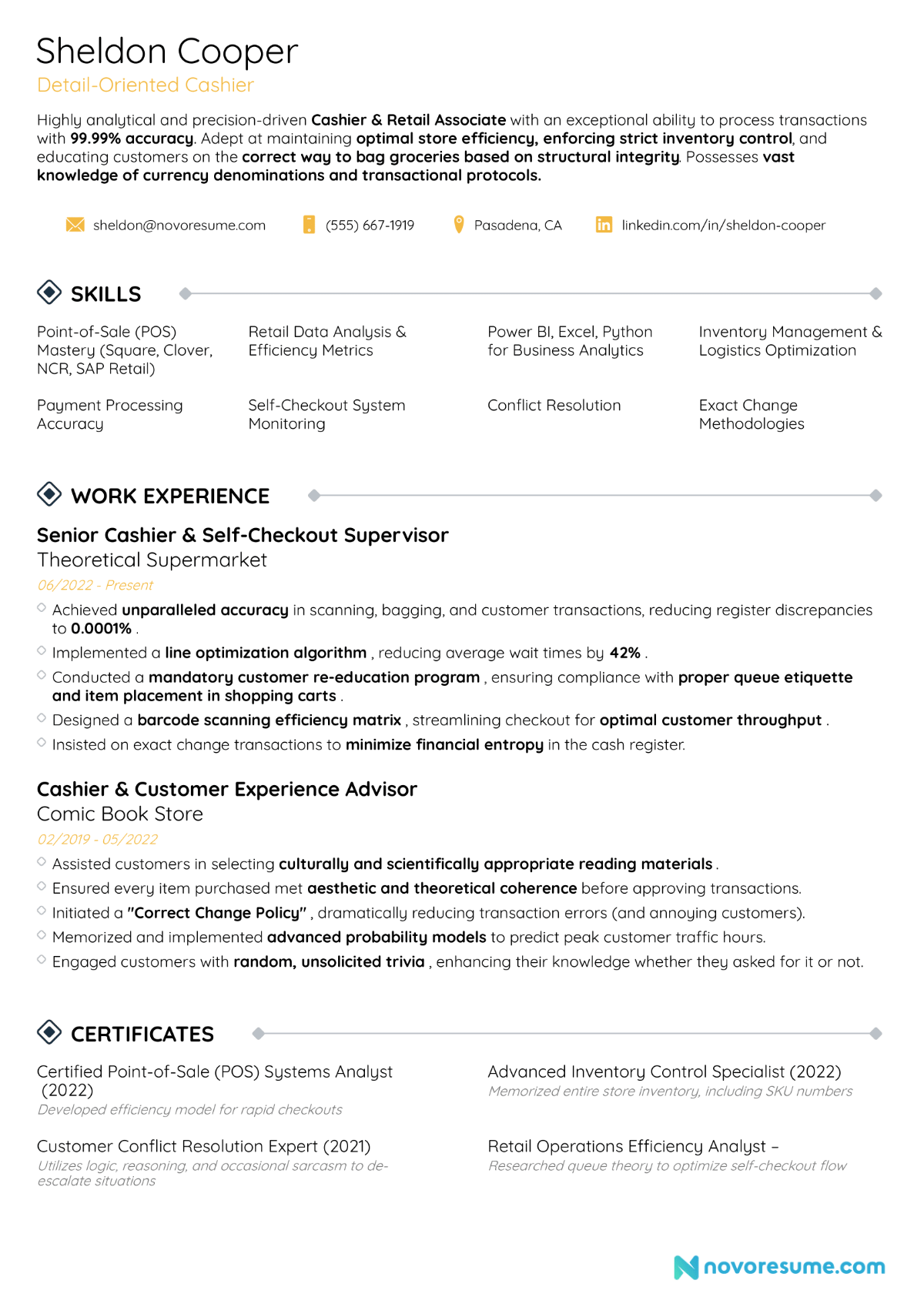 Cashier resume example